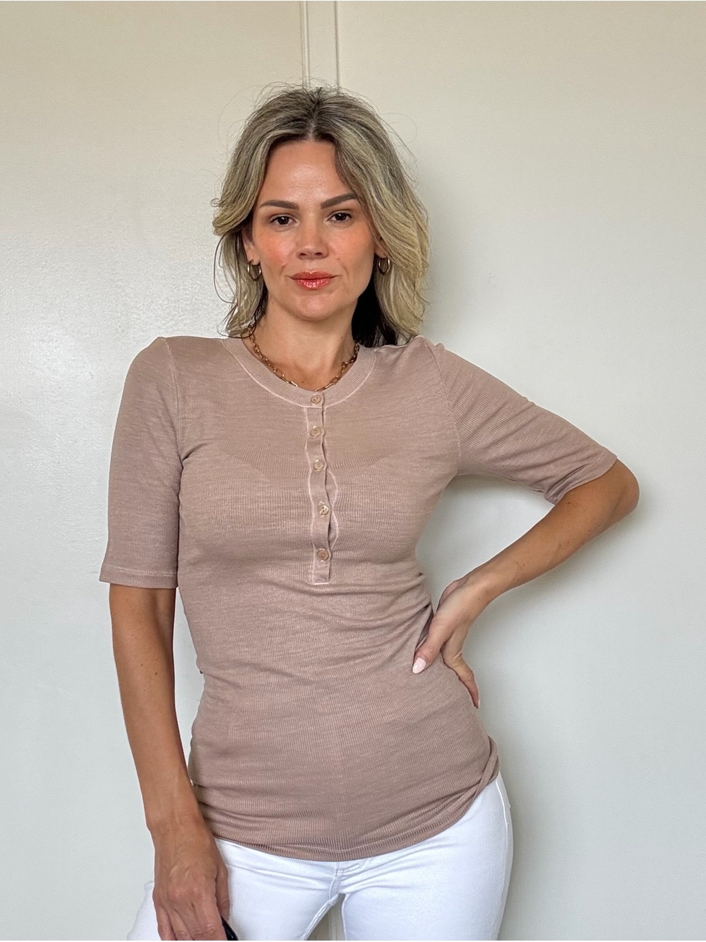 Enza Costa Silk Sweater Rib Half Sleeve Henley Top